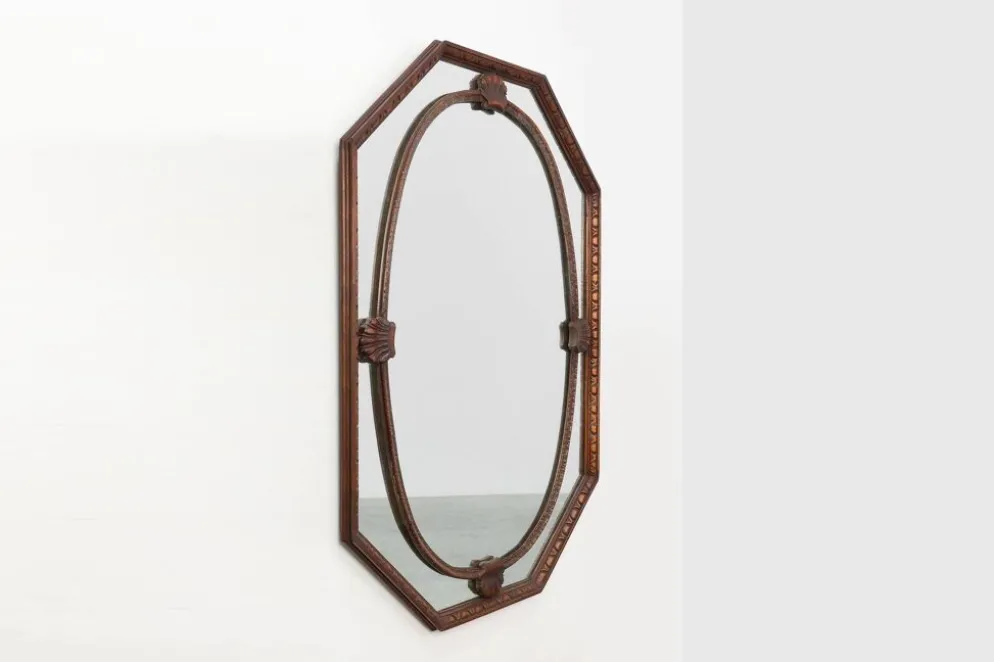 Miroir octogonal en bois Art Déco, France vers 1920