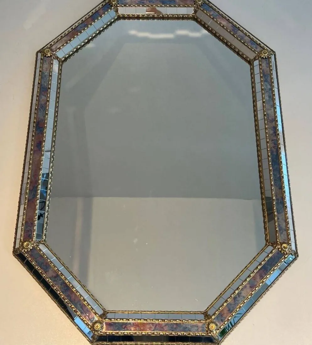 Miroir Octogonal à Facettes et Guirlandes de Laiton — Travail Français, Ver