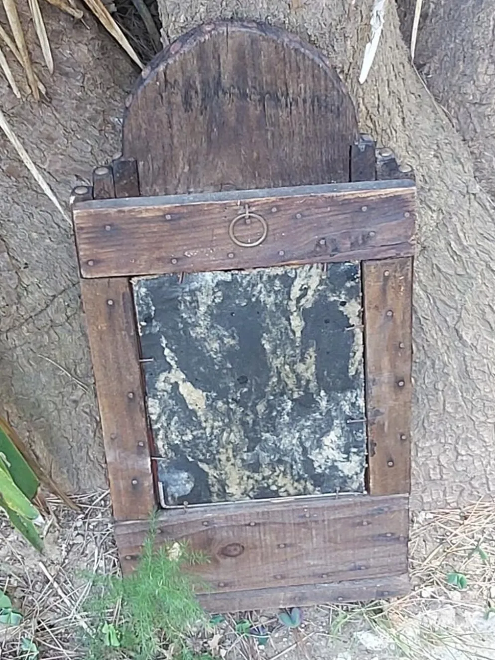 Miroir oriental brutaliste en bois 23x53cm