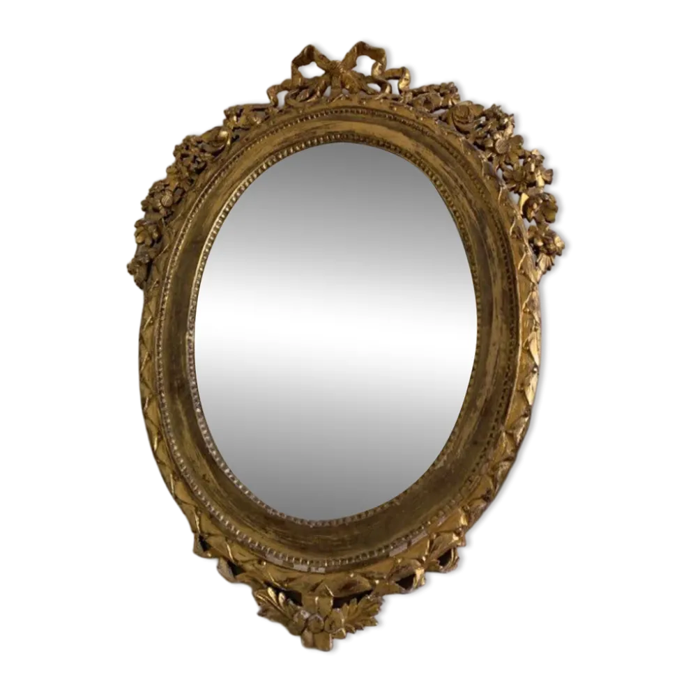 Miroir ovale ancien à la feuille d'or – Fronton nœud & motifs floraux style