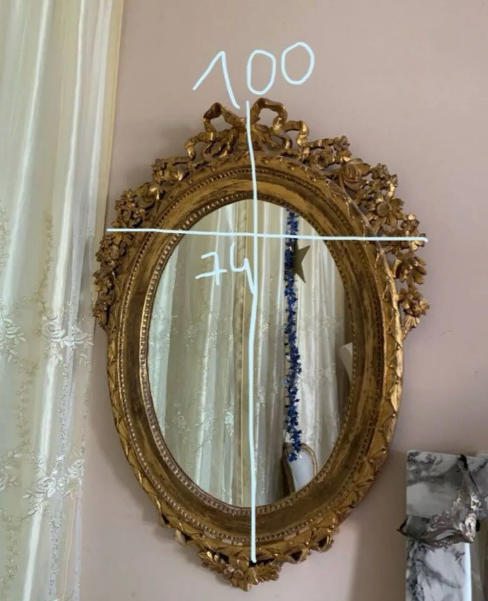 Miroir ovale ancien à la feuille d'or – Fronton nœud & motifs floraux style