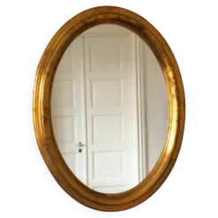 Miroir ovale en bois doré vintage – Hollywood Regency, Belgique, années 1970