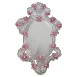 Miroir ovale floral rose vénitien classique en verre de Murano sculpté à la main