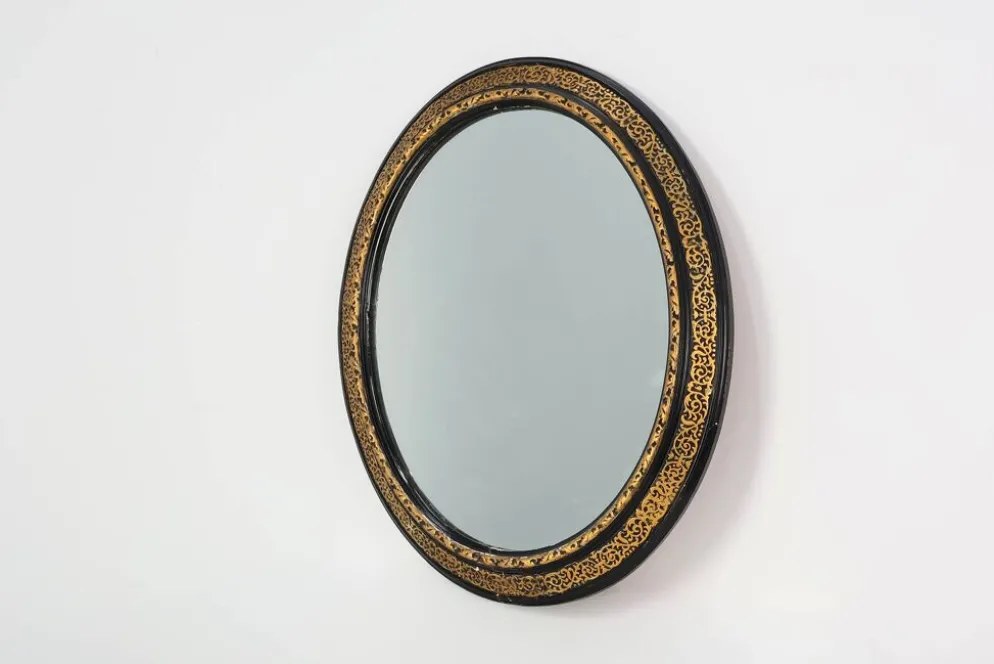 Miroir ovale néoclassique français en noir et or, 20e siècle