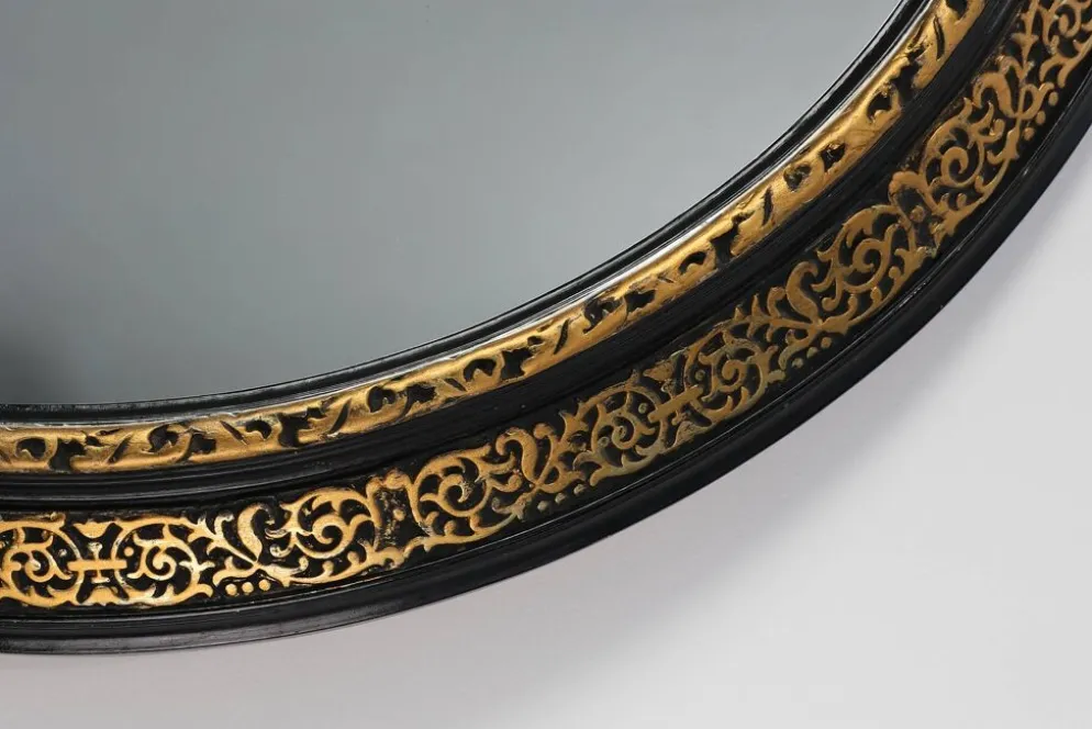 Miroir ovale néoclassique français en noir et or, 20e siècle