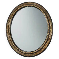 Miroir ovale néoclassique français en noir et or, 20e siècle