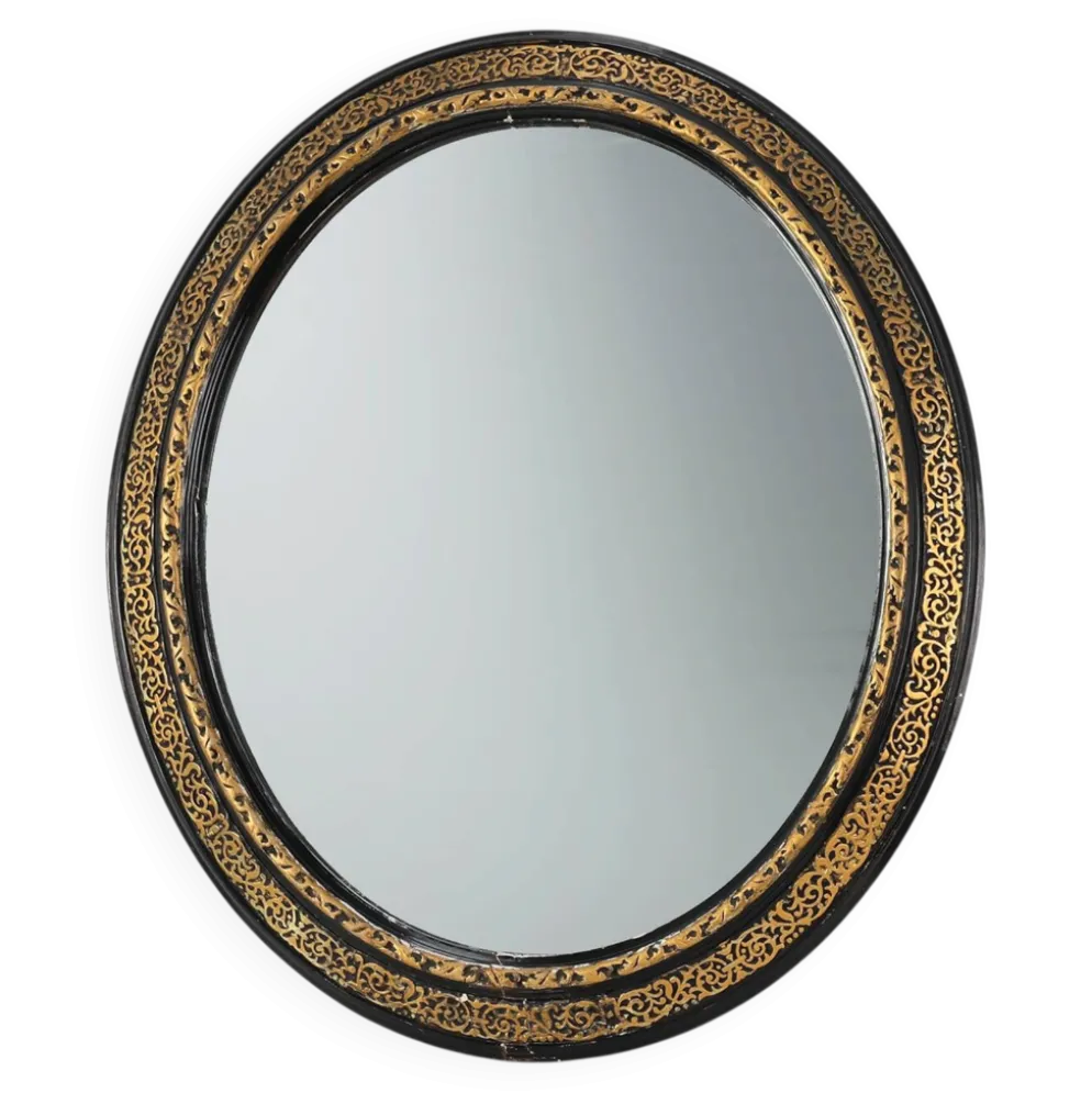 Miroir ovale néoclassique français en noir et or, 20e siècle