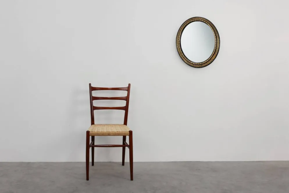 Miroir ovale néoclassique français en noir et or, 20e siècle