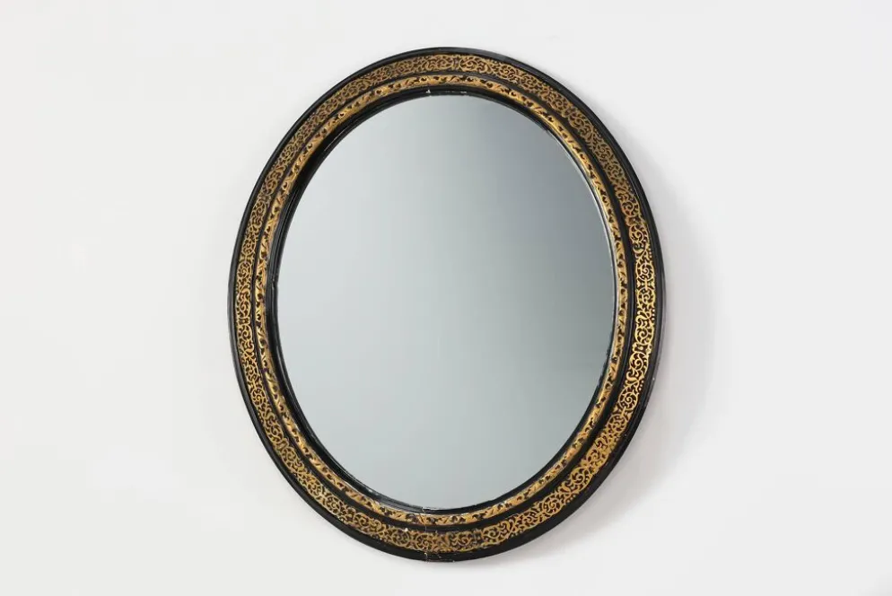 Miroir ovale néoclassique français en noir et or, 20e siècle