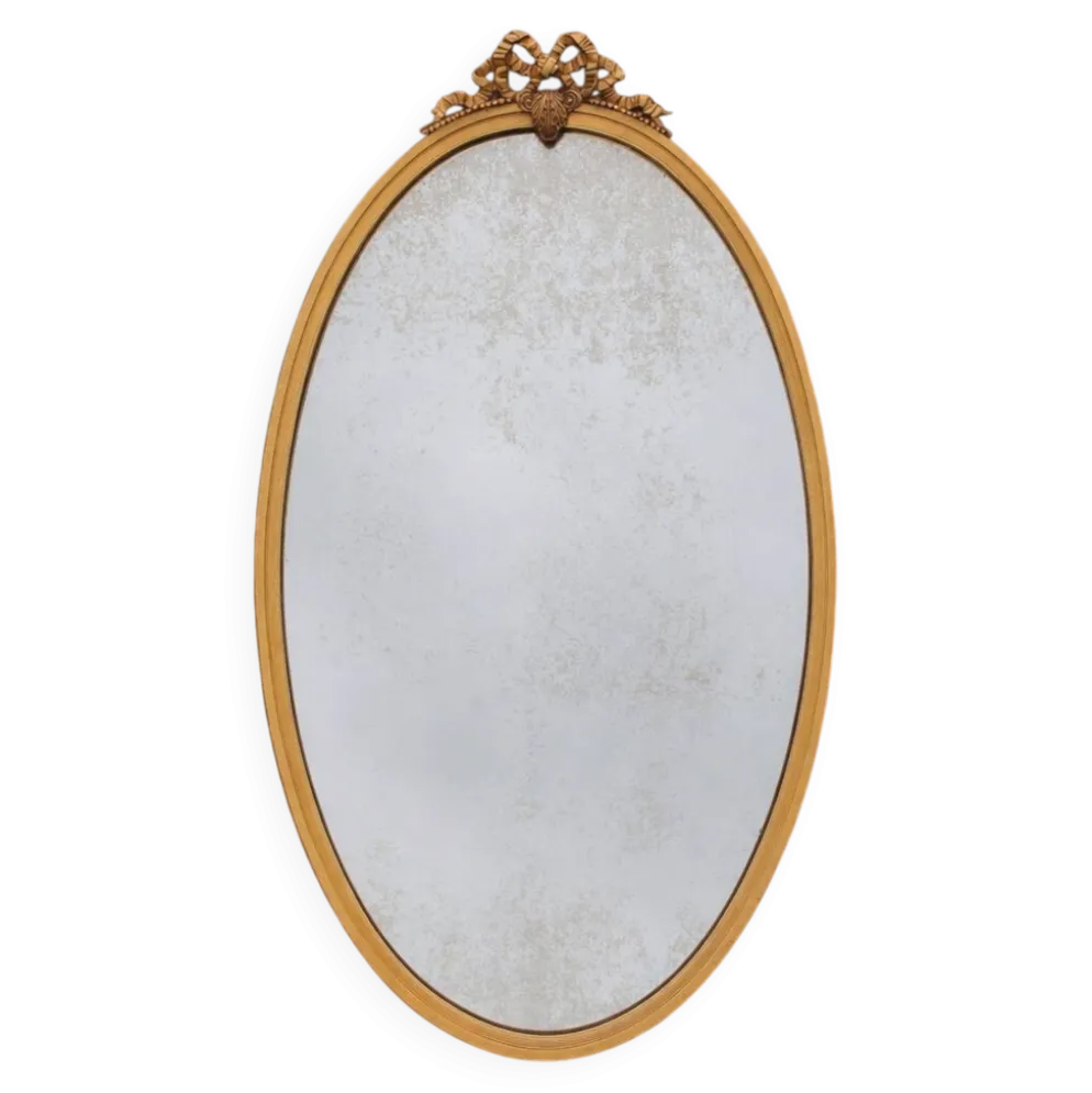 Miroir ovale vintage en métal doré à nœud – style Louis XVI / romantique