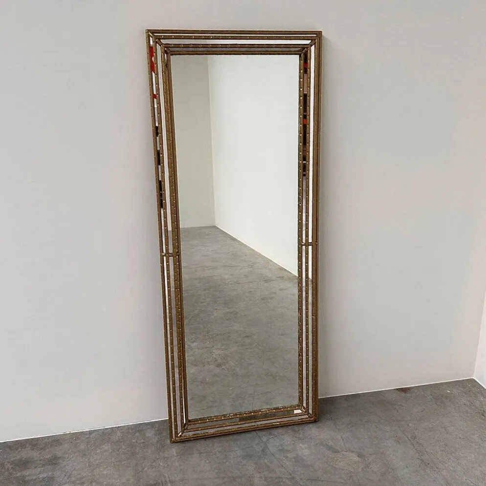 Miroir plein longueur en faux bambou doré vintage – Hollywood Regency, années 1980