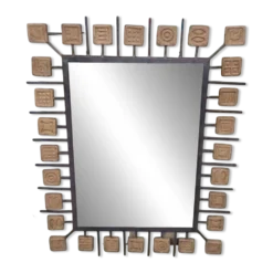 Miroir rectangulaire brutaliste en fer forgé et carreaux en terre cuite