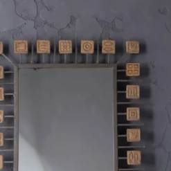 Miroir rectangulaire brutaliste en fer forgé et carreaux en terre cuite