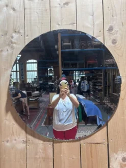 Miroir rond Art Déco – Verre biseauté & clips chromés – Années 1930