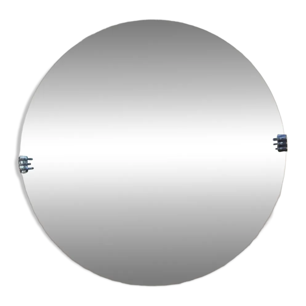 Miroir rond Art Déco – Verre biseauté & clips chromés – Années 1930