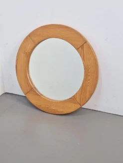 Miroir rond en pin scandinave vintage, années 1970