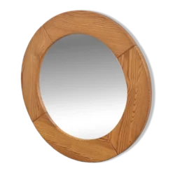 Miroir rond en pin scandinave vintage, années 1970