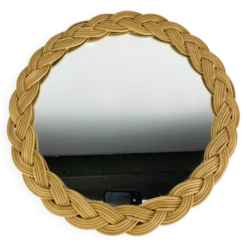 Miroir rond en rotin tressé, années 60, vintage