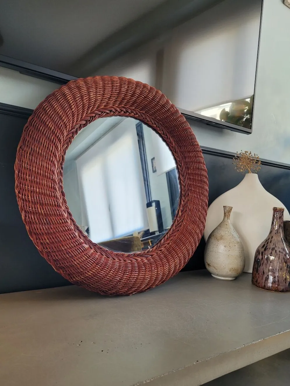 Miroir rond en rotin vintage