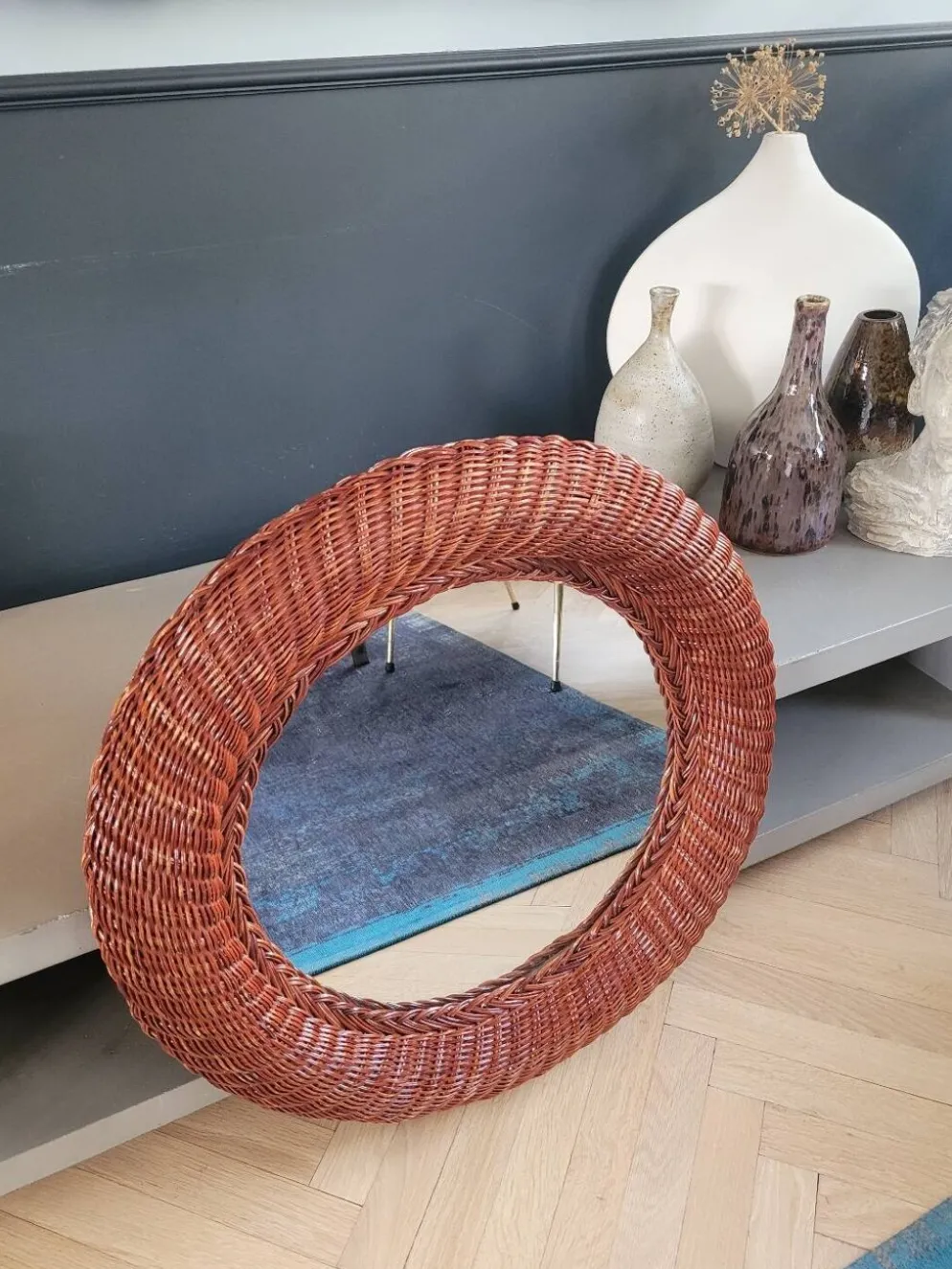 Miroir rond en rotin vintage