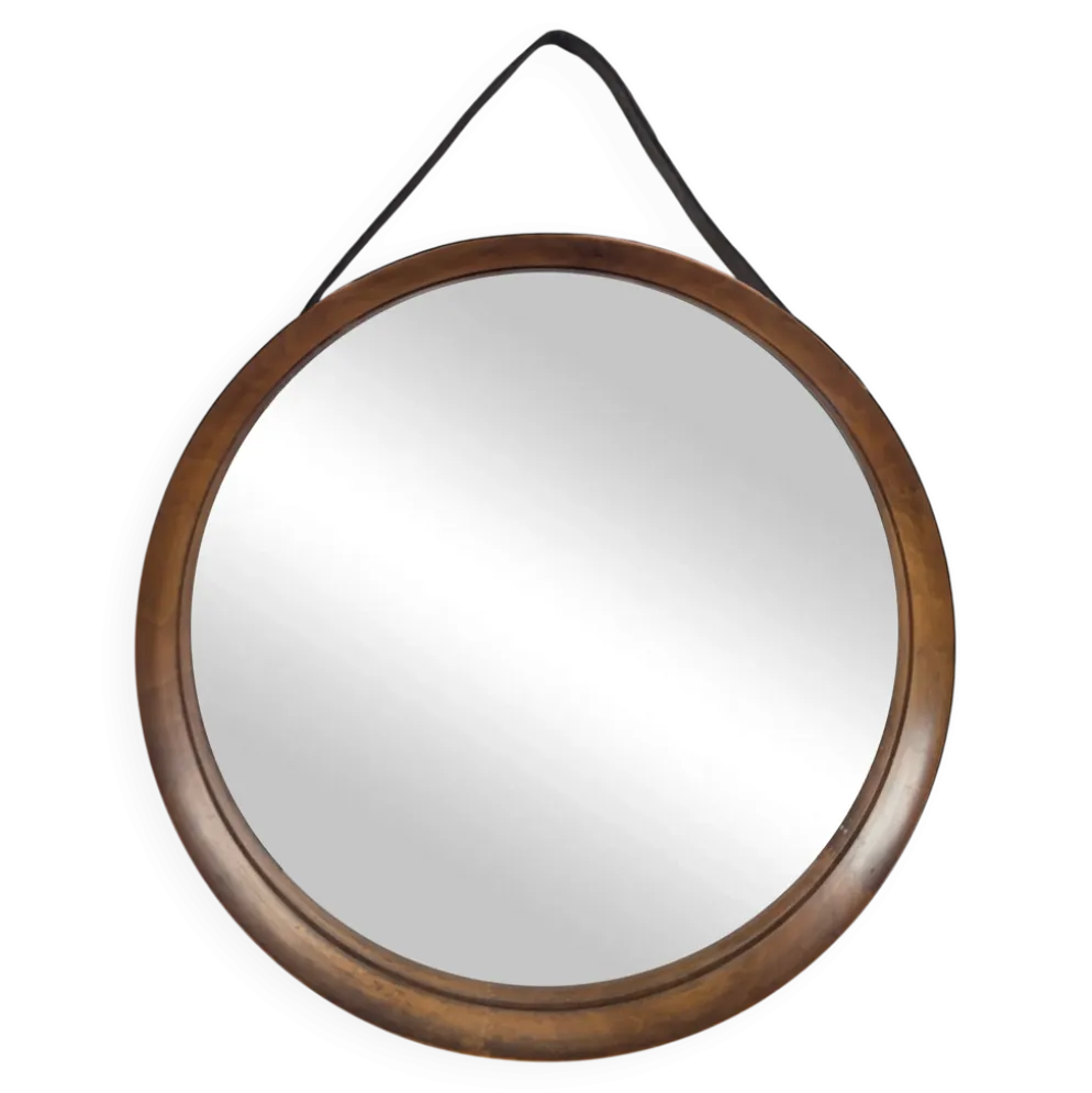 Miroir rond en teck et cuir Luxus Vittsjö par Uno et Östen Kristiansson