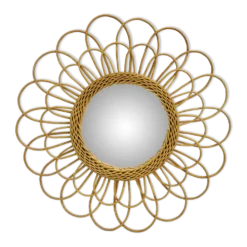 Miroir rond fleur soleil en rotin osier bois vintage 1960 1970 55 cm folk