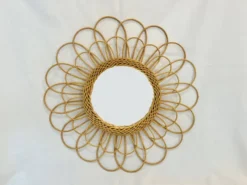 Miroir rond fleur soleil en rotin osier bois vintage 1960 1970 55 cm folk