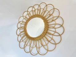 Miroir rond fleur soleil en rotin osier bois vintage 1960 1970 55 cm folk