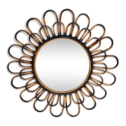 Miroir rond fleur soleil en rotin osier fumé vintage 1960 1970 47 cm folk