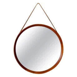 Miroir rond moderne du milieu du siècle en cuir et teck par Glas & Trä Hovmantorp Suède