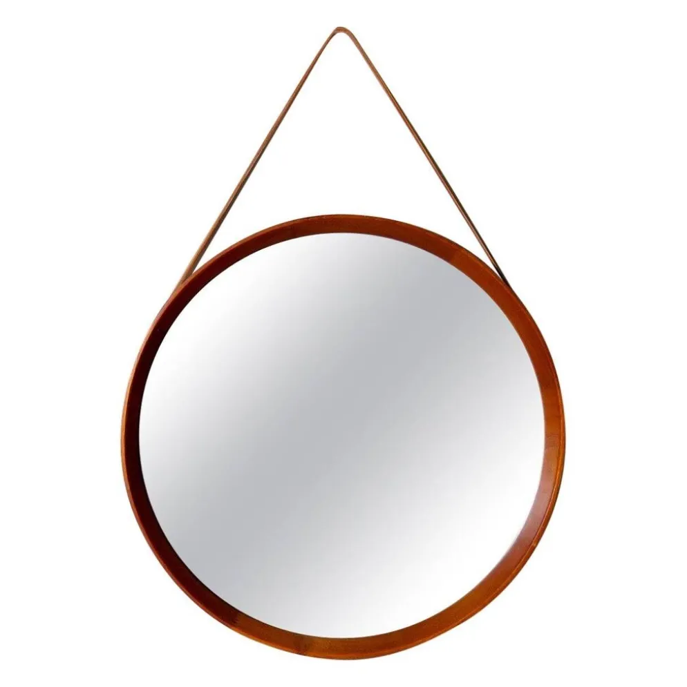 Miroir rond moderne du milieu du siècle en cuir et teck par Glas & Trä Hovmantorp Suède
