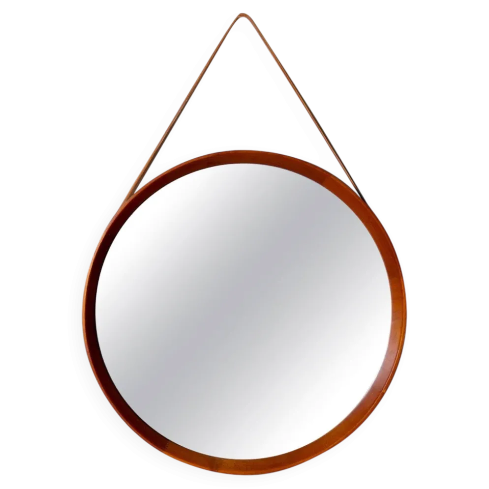 Miroir rond moderne du milieu du siècle en cuir et teck par Glas & Trä Hovmantorp Suède