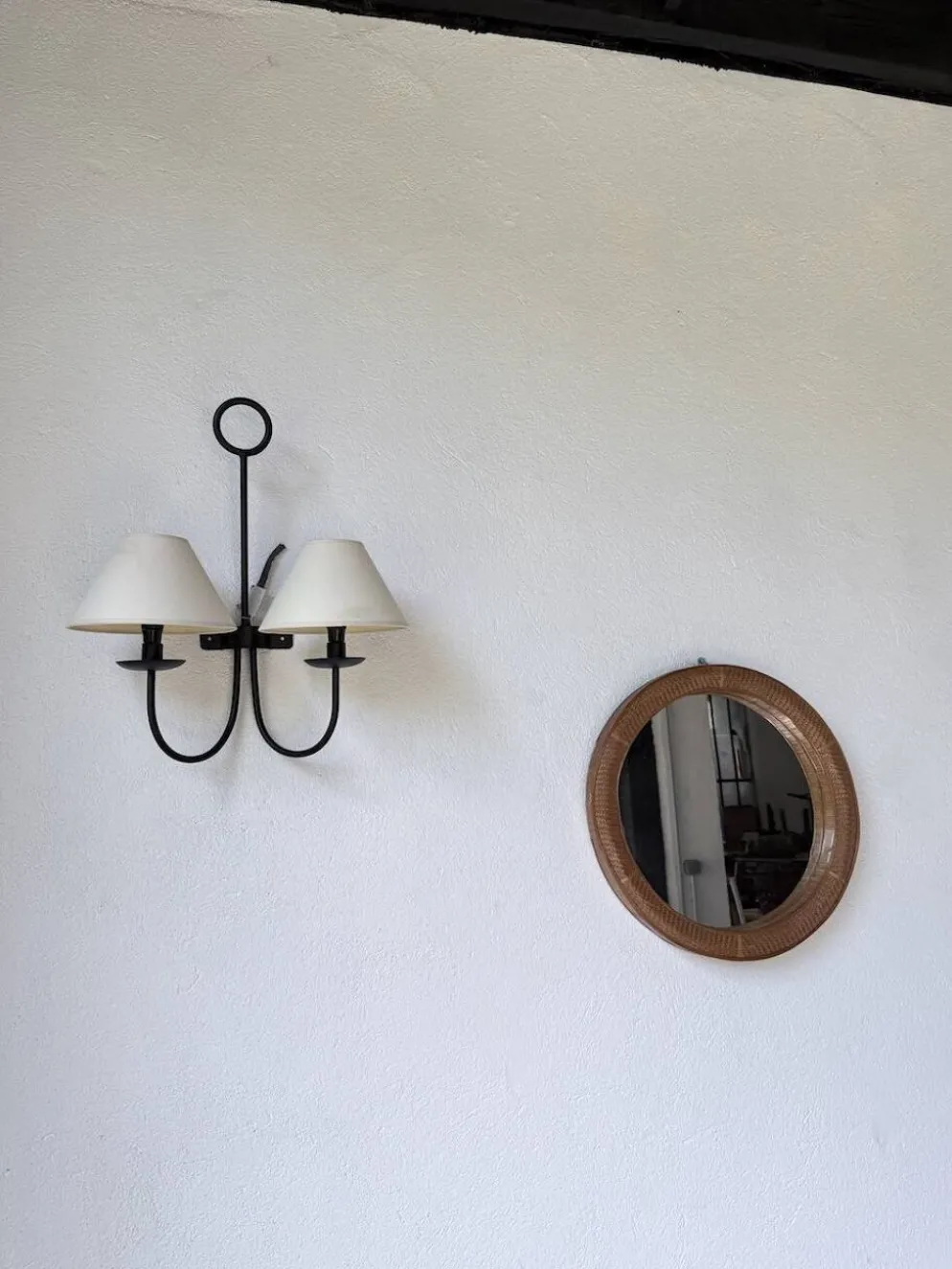 Miroir rond osier tressé 1960