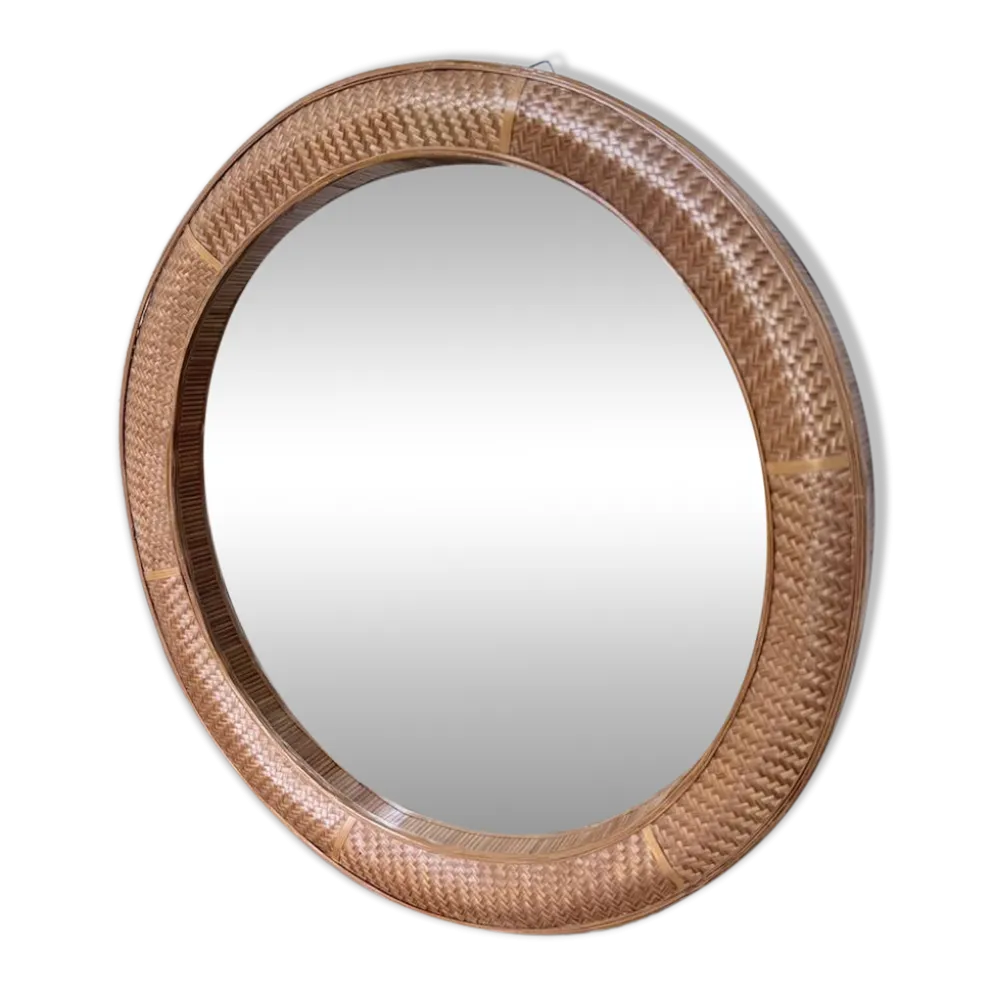 Miroir rond osier tressé 1960