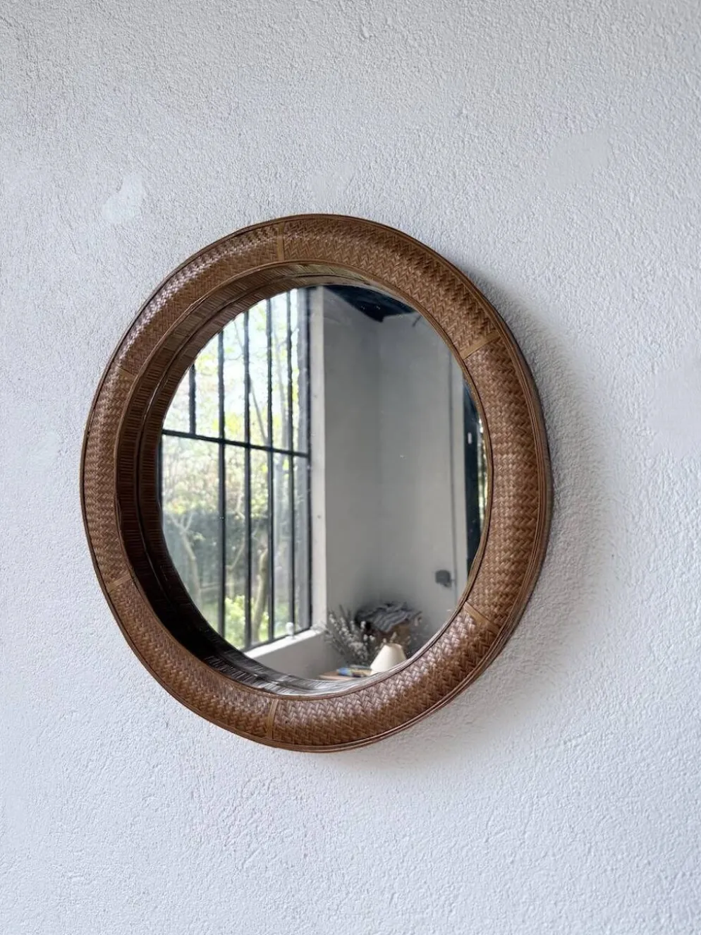 Miroir rond osier tressé 1960