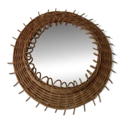 Miroir rond soleil en osier vintage 1950