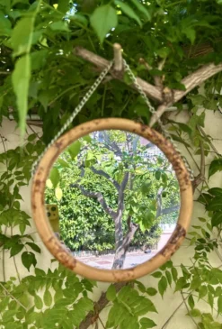 Miroir rond vintage en rotin diamètre 20 cm avec chaîne d’accroche