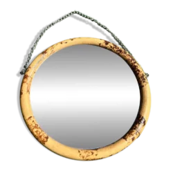 Miroir rond vintage en rotin diamètre 20 cm avec chaîne d’accroche