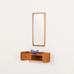 Miroir scandinave en teck du milieu du siècle avec console, années 1960