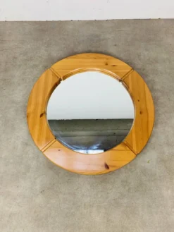 Miroir scandinave rond pin massif par Glasmäster Markaryd, Suède, 70's