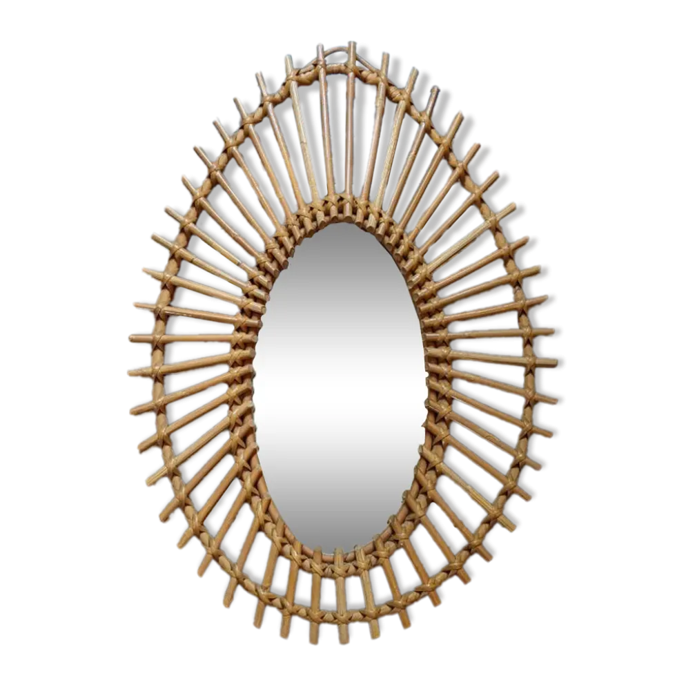 Miroir soleil asymétrique vintage rotin osier bambou artisanal scandinave