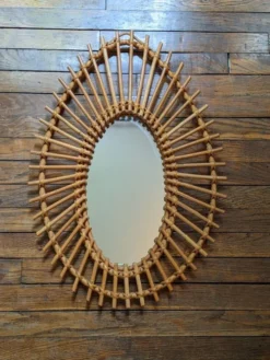 Miroir soleil asymétrique vintage rotin osier bambou artisanal scandinave