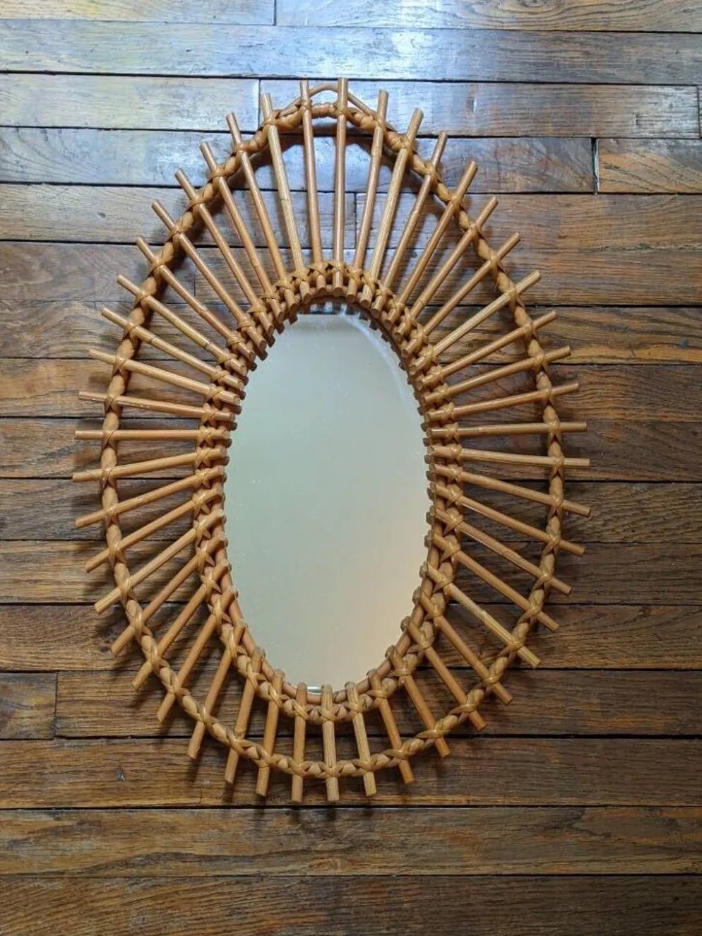 Miroir soleil asymétrique vintage rotin osier bambou artisanal scandinave