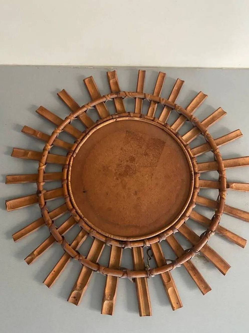 Miroir soleil bambou et rotin 1950