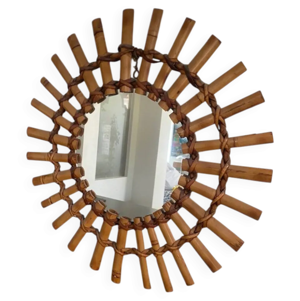 Miroir soleil bambou et rotin 1950