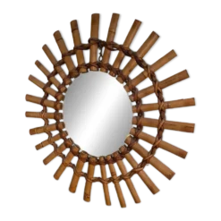 Miroir soleil bambou et rotin 1950