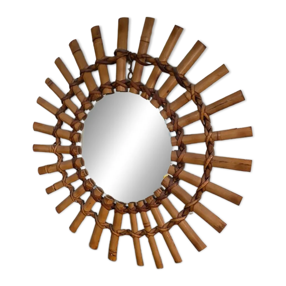 Miroir soleil bambou et rotin 1950