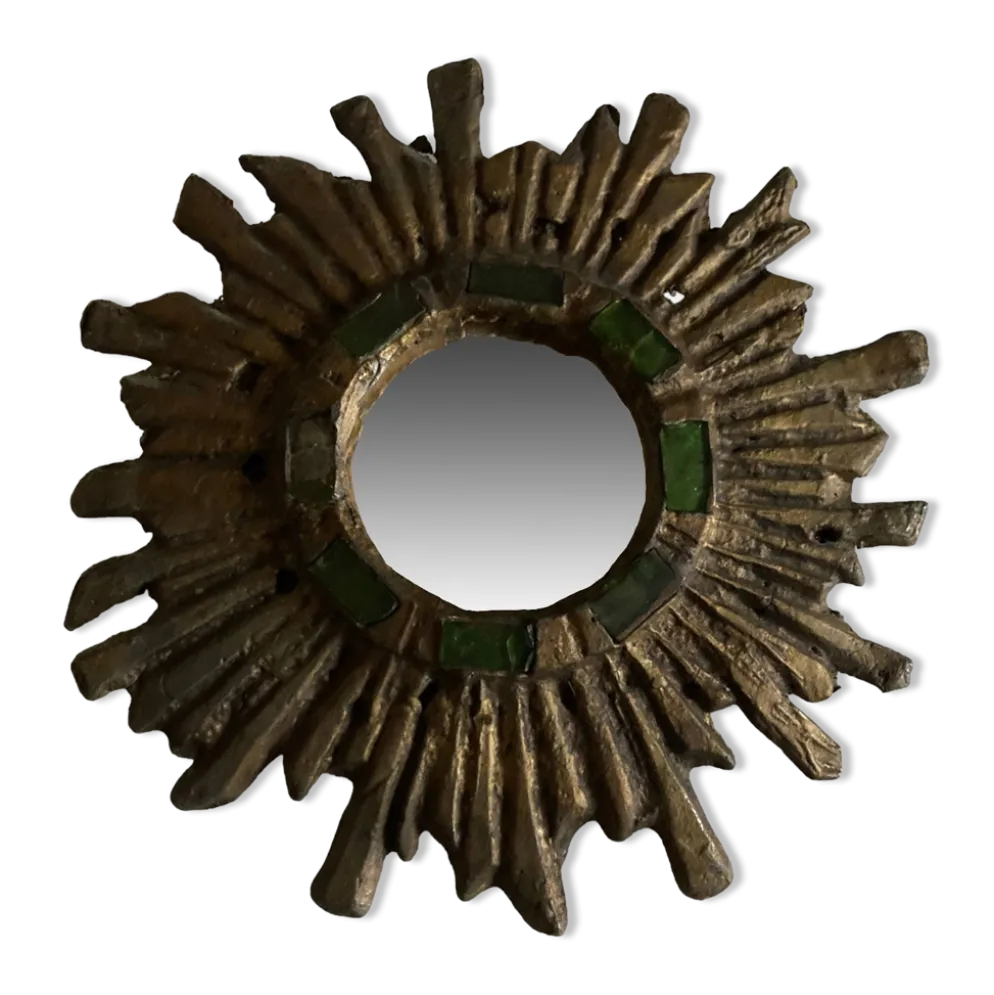 Miroir soleil de Irena Jaworska en plomb doré et verre vert 1960