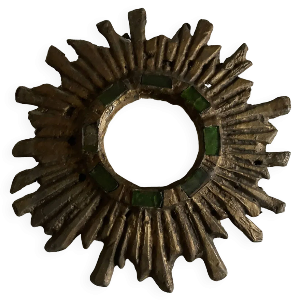 Miroir soleil de Irena Jaworska en plomb doré et verre vert 1960