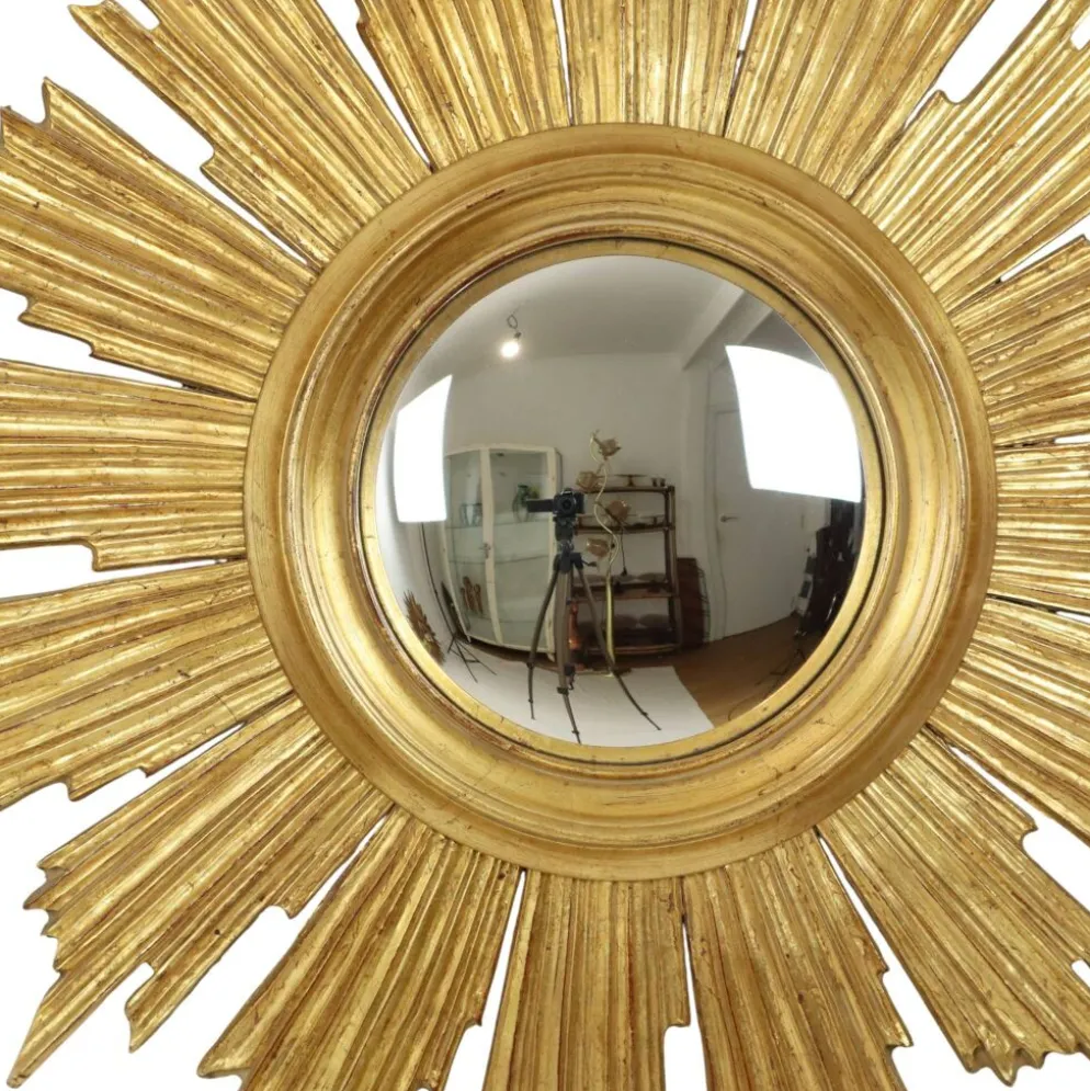 Miroir soleil Deknudt en bois doré des années 60, 69 cm